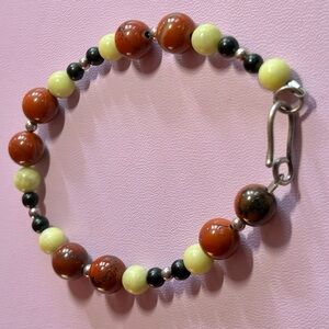 Hand Crafted Red Jasper, Onyx,Lemon Jasper & Silver Beaded Bracelet